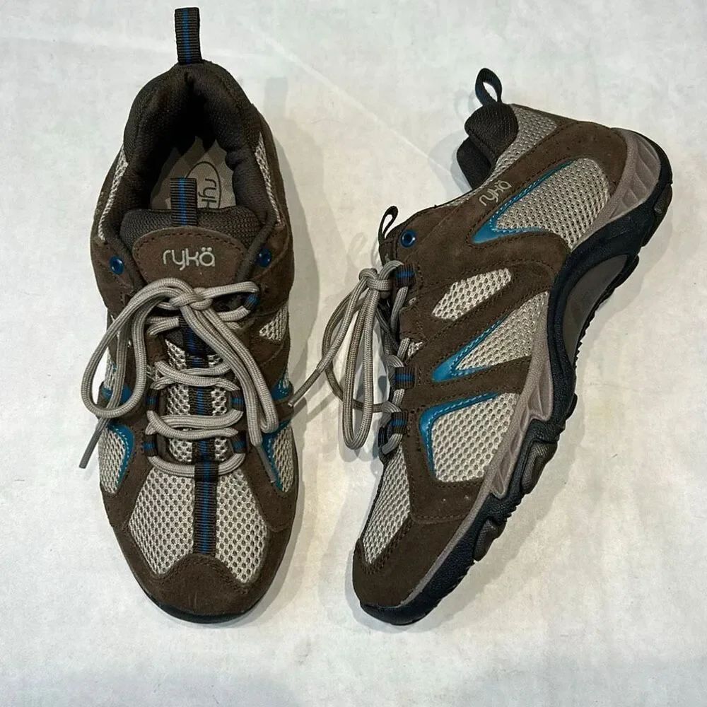 Ryka Mesh Hiking Shoe Womens Sz 7 Brown Tan Blue Lace Up Nitracel Low Top Walkin